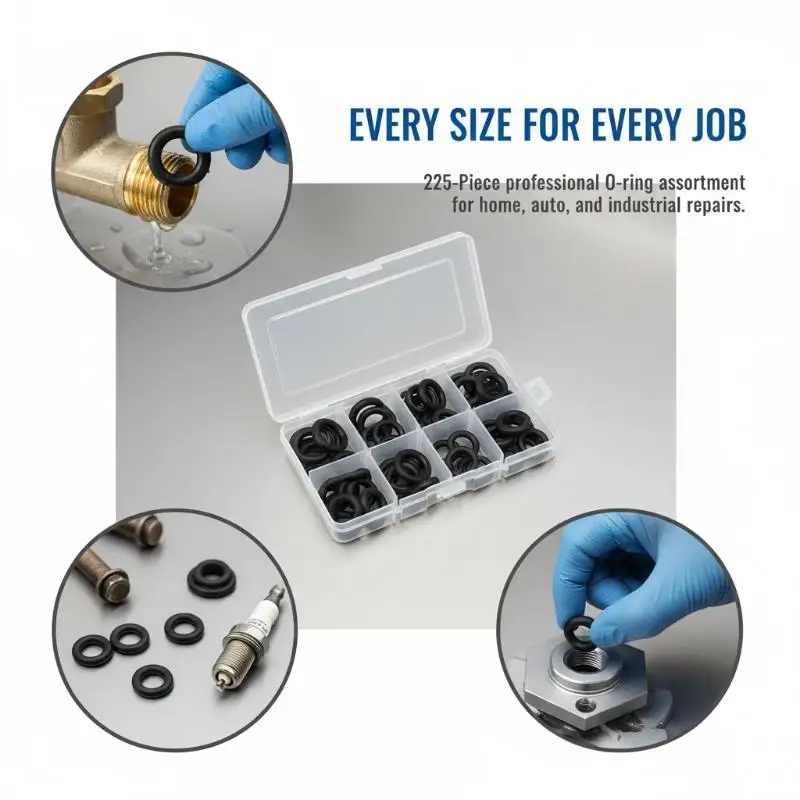 225Pcs O Ring Kit Leakproof Rubber Seals Oil Water Resistant Multi Sizes for Car Home Plumbing Maintenance