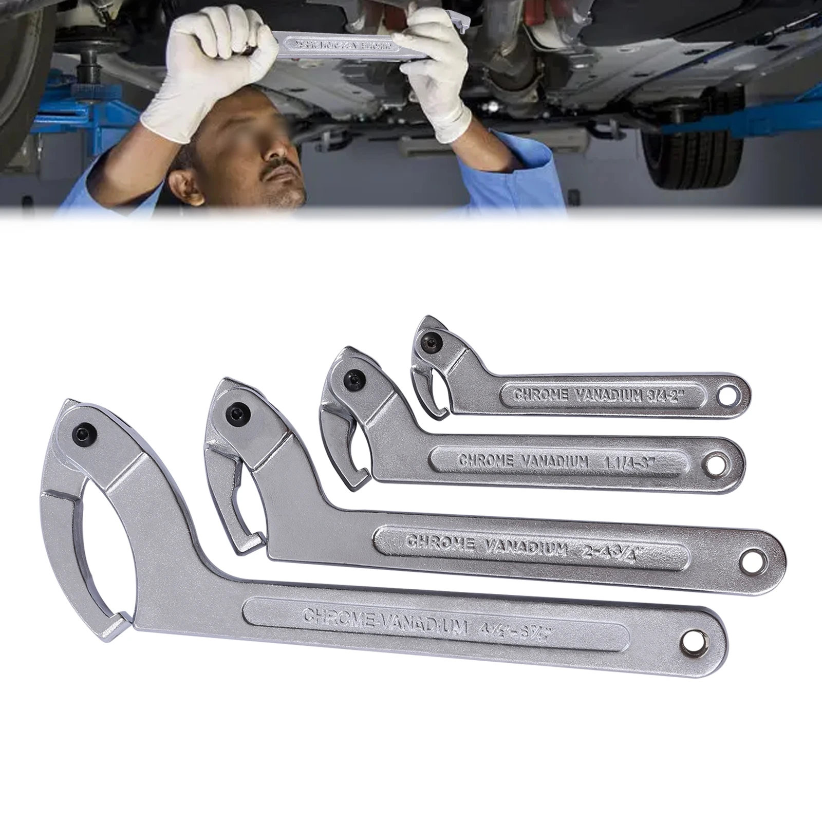 Spanner Wrench Set Adjustable C Pin Spanner Hook Wrench Chrome Vanadium for Tighten Lock Nuts and Bearings