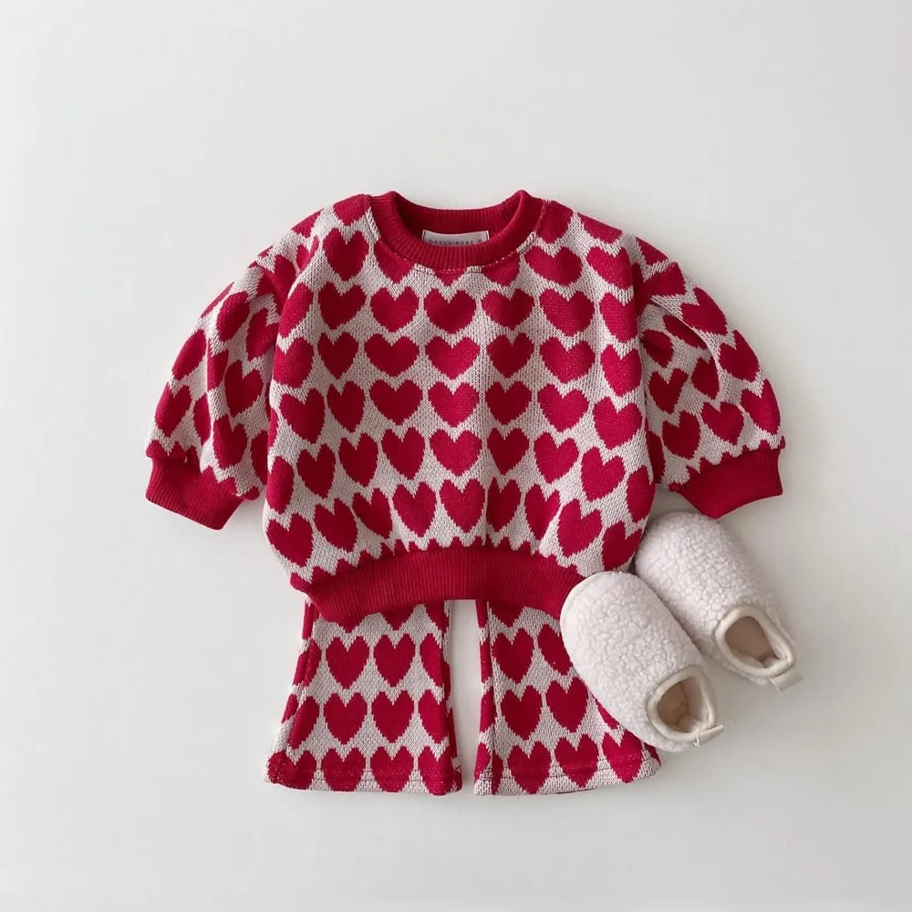 Winter Toddler Baby Girl Clothes Sets 2pcs Knitted Sweater Tops+Flared Pants Children Lovely Pattern Outfits For Girls Knit Suit