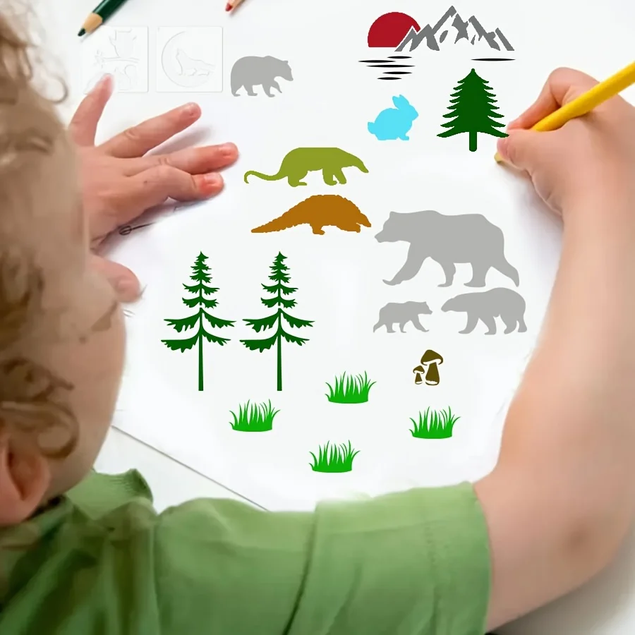 65PCS 4x4inch 숲 동물 스텐실 그림 나무 패브릭 벽 DIY 드로잉 템플릿 세트