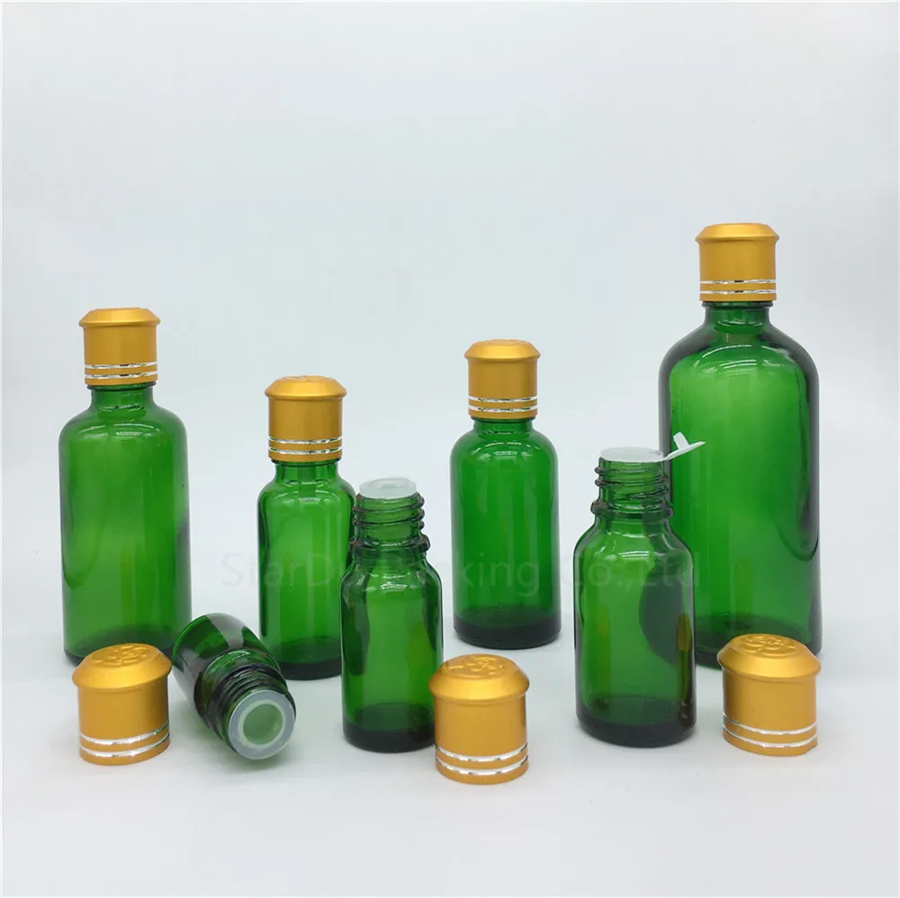 12 個 5 ミリリットル/10 ミリリットル/15 ミリリットル/20 ミリリットル/30 ミリリットル/50 ミリリットル/100 ミリリットルグリーンガラスボトルバイアルエッセンシャルオイルボトルキャップ付き香水ボトル