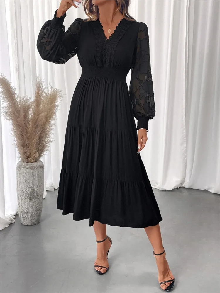 

Dresses 2025 Woman Sweet And Elegant V-neck Waisted Lace Long-sleeved Solid Color Dress For Women Vestidos Fashion Simple Style