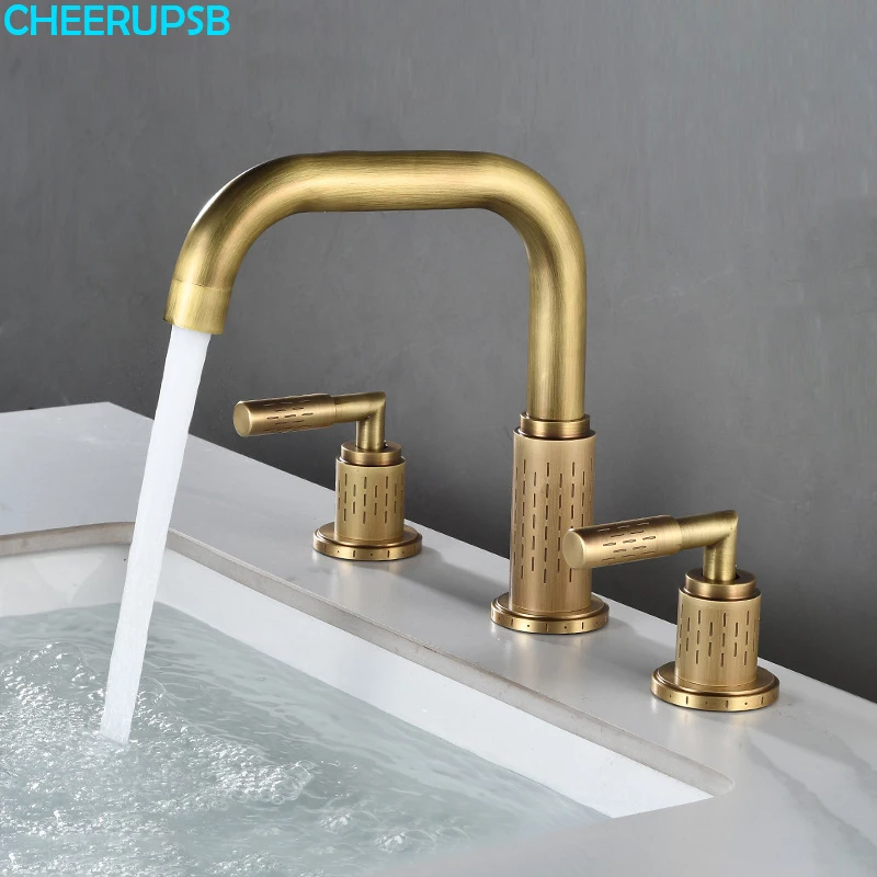 Three-hole Basin Faucet Bathroom Hot Cold Mixer Copper Split Tap Deck Mount Double Handle 360 Degree Rotation Splash-proof Crane