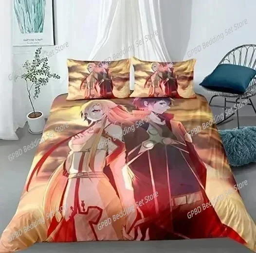 Juego de ropa de cama con estampado 3D de la serie de anime Sword Art Online: funda de edredón, funda de almohada y ropa de cama cómoda. Ideal para decorar la habitación de los niños y para el hogar.