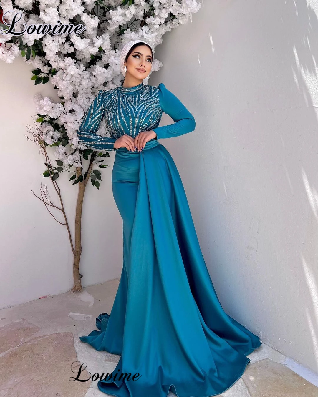 Elegant Blue Muslim Evening Dresses With Removable Train Long Sleeves Formal Occasion Dresses Robes De Soirée Simple Prom Dress