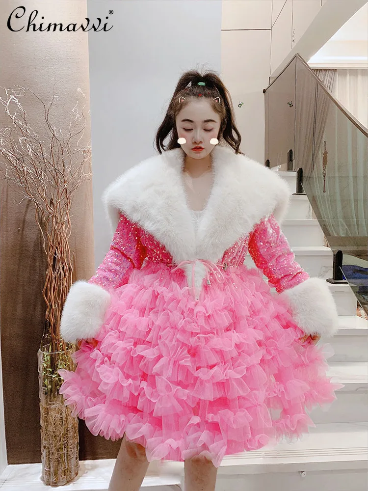 Women's Winter Cotton Jacket New Korean Fashion Sweet Big Fur Collar Fleece Lined Thick Shiny Cloud Yarn Warm Cotton Coat Top