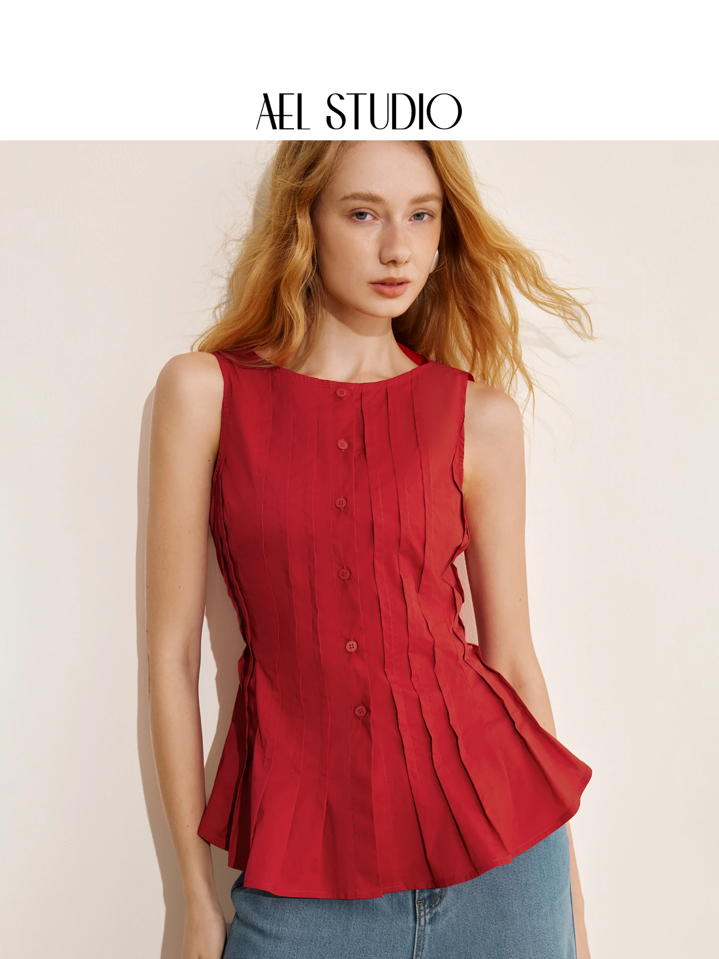 AEL Original Französisches Retro Rotes Plissiertes Hemd Damen 2026 Sommer Neu Ärmelloses Tailliertes und Schlankmachendes Oberteil – Detail 1