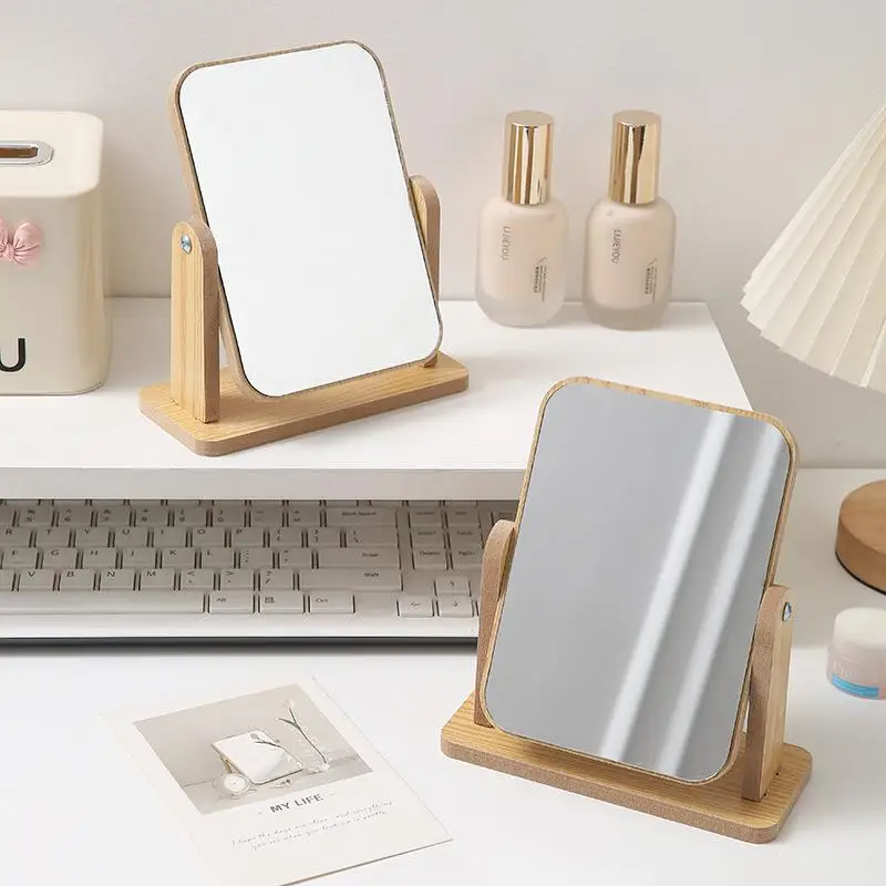 1Pc Wooden Vanity Mirror Desktop Stand Angle Adjustable Clear Makeup Mirror For Personal Use