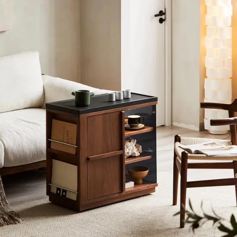 

Журнальный столик в современном стиле, массив ореха с каменной столешницей, черная мебель для гостиной с местом для хранения вещей.