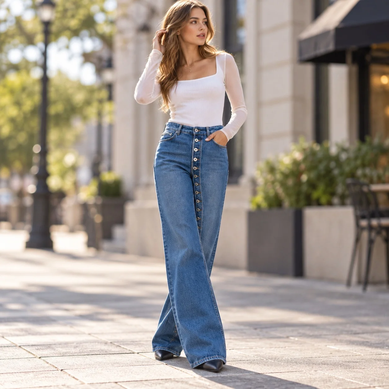 Button Front Straight Leg Jeans Mid Waist Workwear with Streetwear Button Detail Regular Thickness American Style Women Jeans