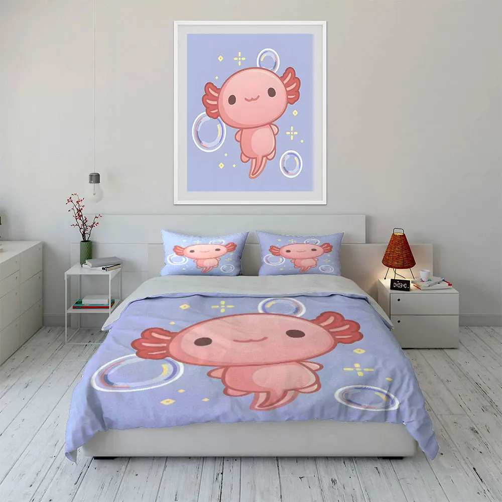 Cute pink cartoon salamander and bubbles Duvet Cover Set Digital Print Colorful Polyester Bedding with Zipper Closur for gifts