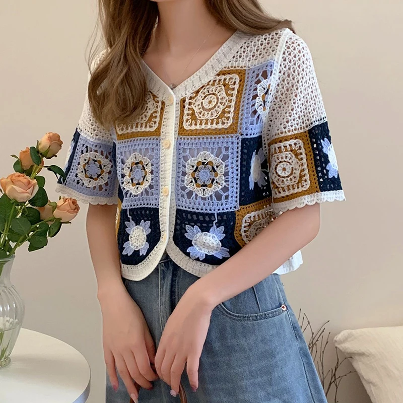 

Вязаный крючком топ Babny Square для женщин, прозрачная ажурная вязаная блузка на пуговицах с короткими рукавами, укороченный топ для девочек-подростков, отпускной наряд в стиле бохо