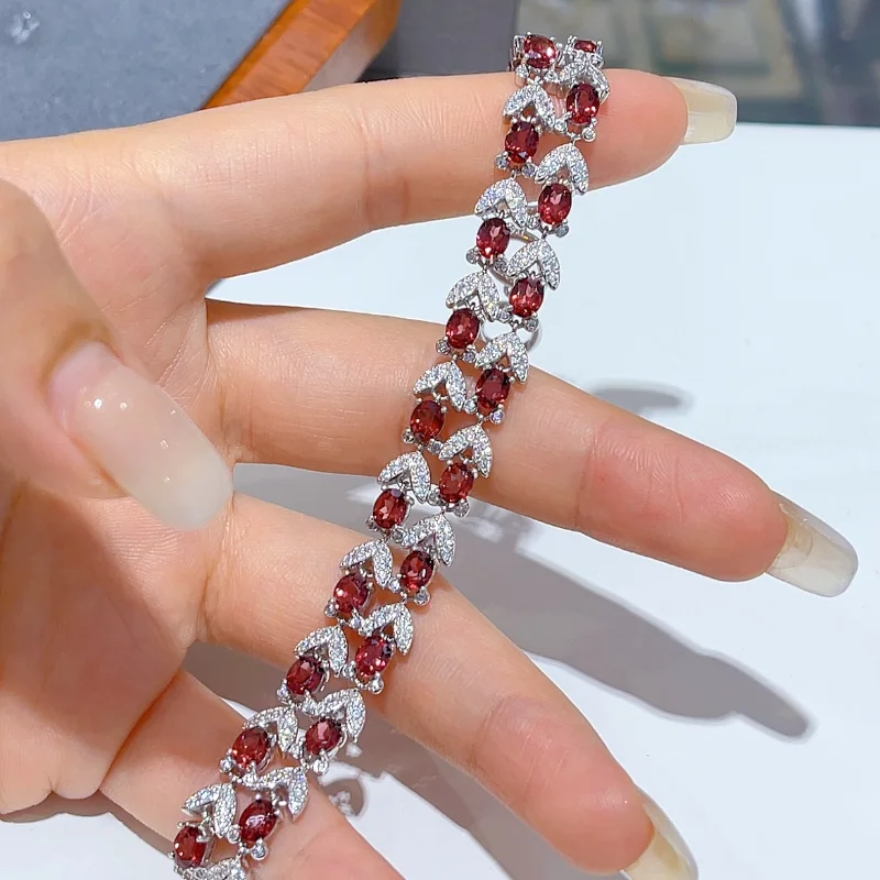 SACEGEMS New Arrival 925 Sterling Silver 4*5MM Natual Garnet Gemstone Bracelrts for Women Engagement Cocktail Party Fine Jewelry