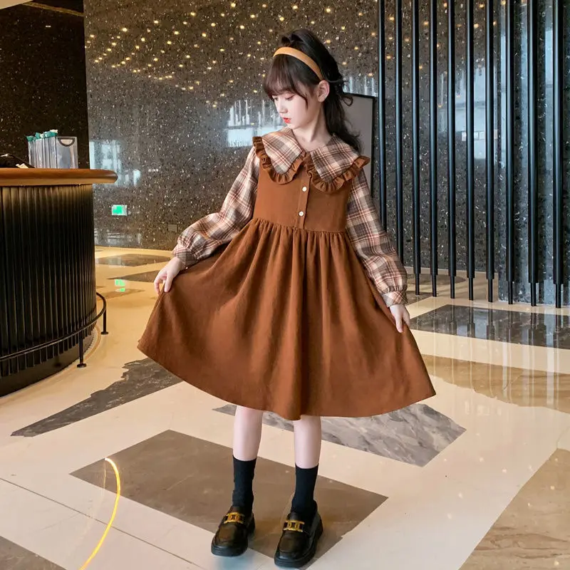 2025 New Arrival Girls' Stylish Internet-Famous Korean Style Long Sleeve Princess Dress Spring Autumn for 4-12 Years Old