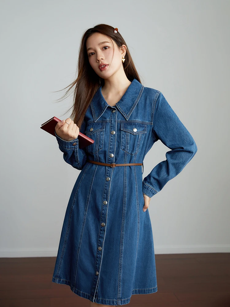 DUSHU Polo Neck Knee-Length Denim A-LINE Skirts Autumn New Long Sleeve 100% Cotton Dress Single Breasted Design Female Dress