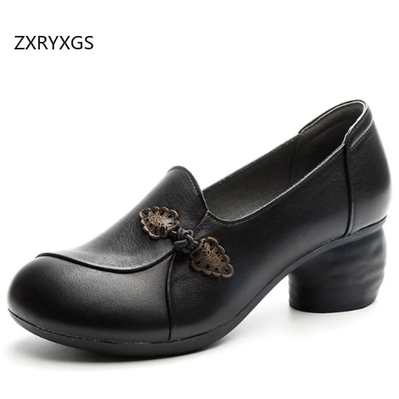 

ZXRYXGS Premium Full Genuine Leather Classic Retro Office Work Banquet Shoes Mid Heels 2026 New Deep Mouth Women Fashion Shoes