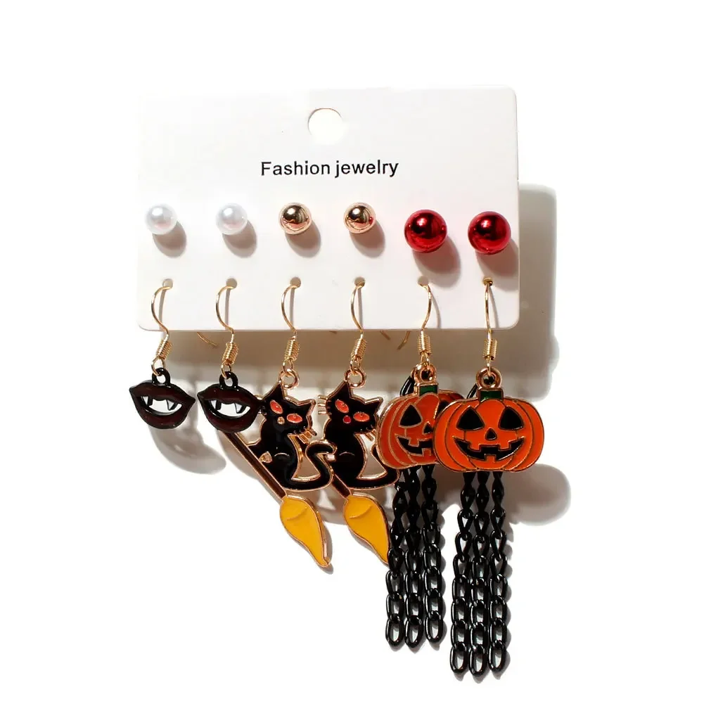 

6 PCS Halloween Earrings Pumpkin Mask Spooky Cat Accessories Earrings Stud For Men Women