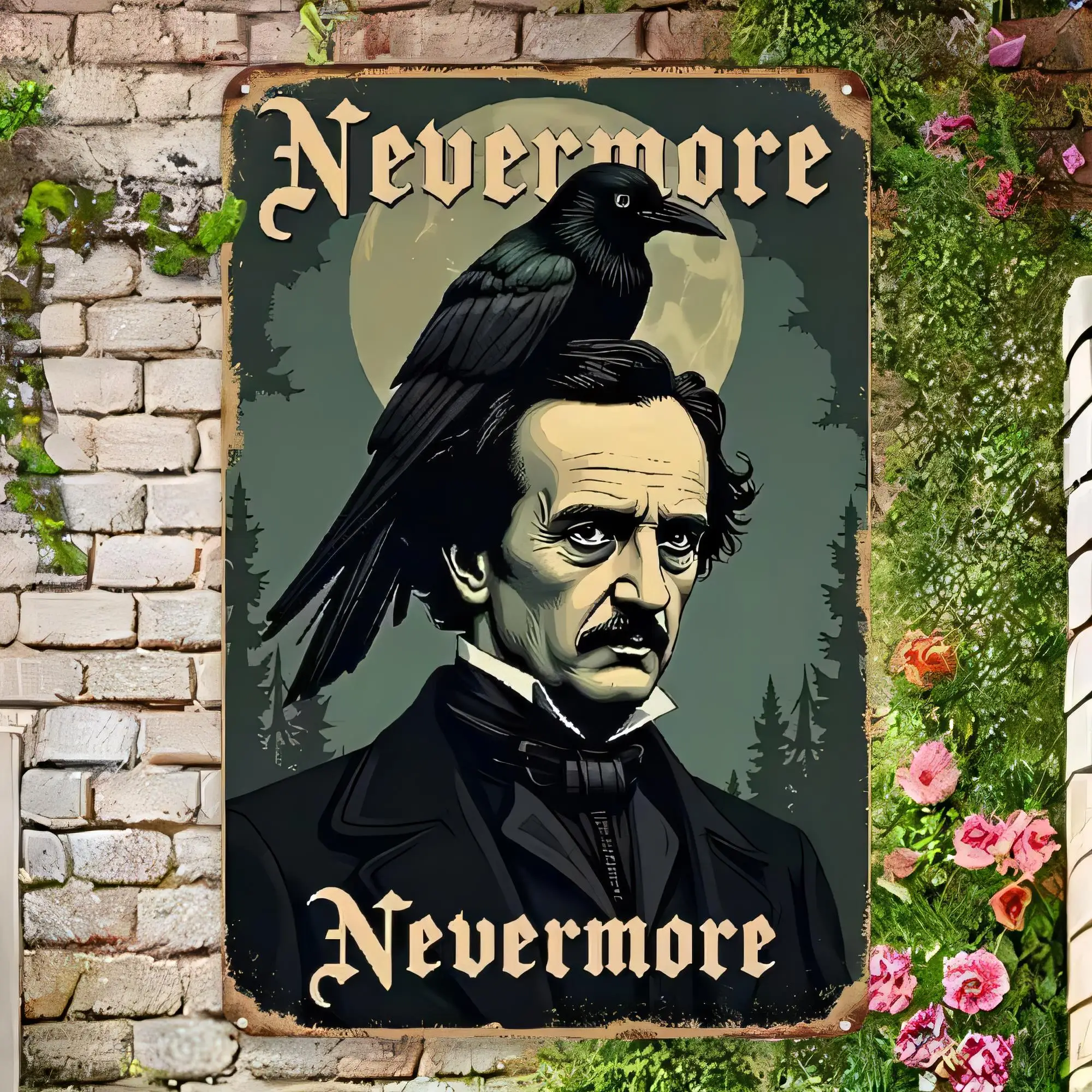 Nevermore Tin Sign Vintage Raven Portrait Metal Plaque Wall Decor Gothic Halloween Haunted House Rustic Sign for Living Room Bed