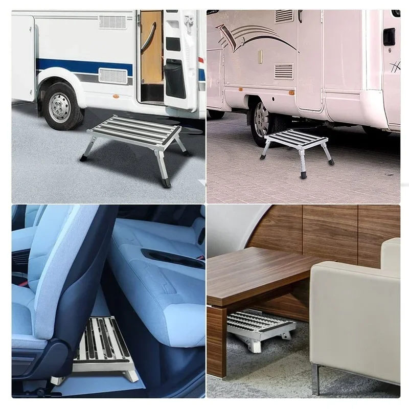 Adjustable Height RV Step Aluminum Folding Platform Stool Portable Step with Anti-Slip Surface Camper Access Ladder