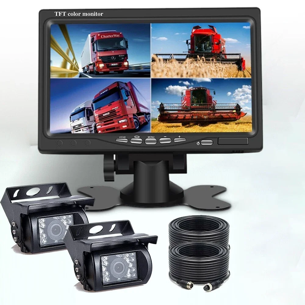 7-inch 4-split Screen Car and Truck Display, Equipped with 2 4-pin Rearview Backup Cameras, 12V-24V Trucks, RVs