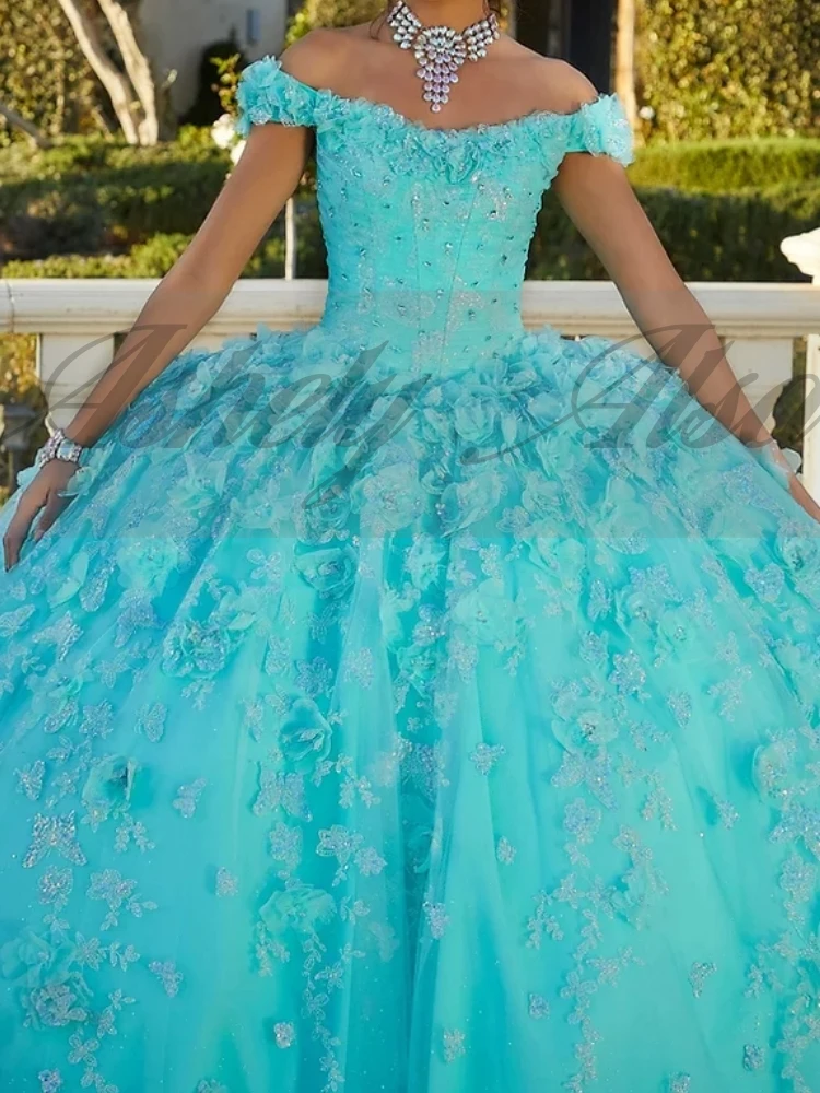 AQ246 Customized Aqua Prom Dress Special Occasion Wear For Women Off Shoulder Flower Ball Gown vestidos de 15 quinceañera 2025