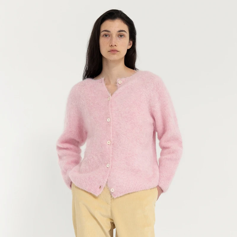 

Женский шерстяной вязаный кардиган Lerobe с длинными рукавами и круглым вырезом, весенняя новинка, корейская версия, однотонный, универсальная верхняя одежда