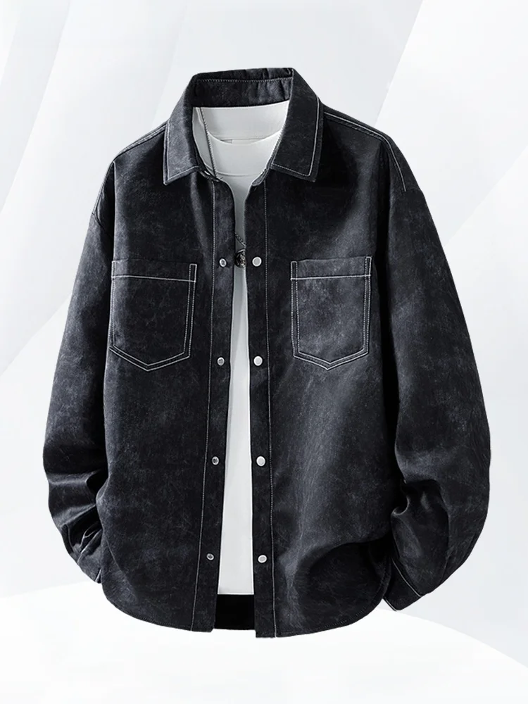 

Trendy Dyed Loose Casual Long Sve Men's irt plus Size Spring Autumn Outerwear Faion Urban Sle Polyester Fiber