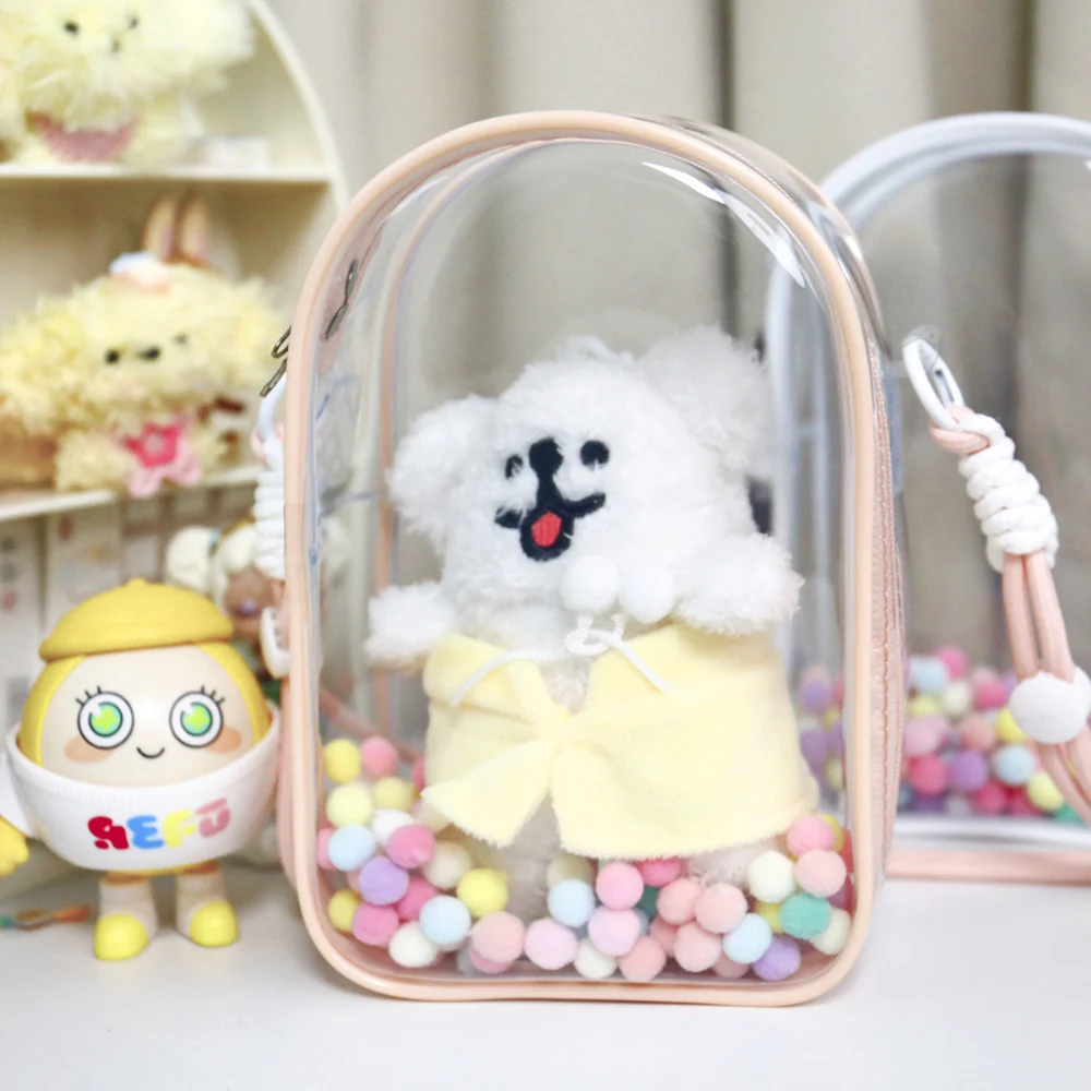 Tas penyimpanan boneka luar ruangan 15cm dompet penyimpanan PVC transparan tebal kotak misteri kotak penyimpanan Organizer ritsleting ganda tas gantungan kunci