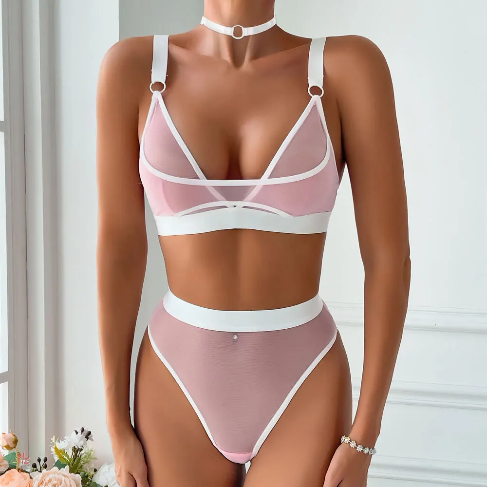 

Female Erotic Lingerie, Sexy Mesh Transparent Bra Set, Sexy Gathering Perspective Bra and Thong Set, Nightclub Tight Corset