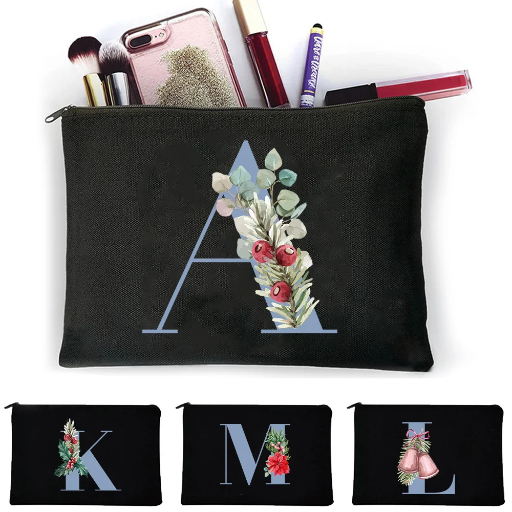 Fashion Cosmetic Bags Black Zip Flat Canvas Clutch With Blue Letter Print Women Simple Pouch for Travel Office School Essentials
