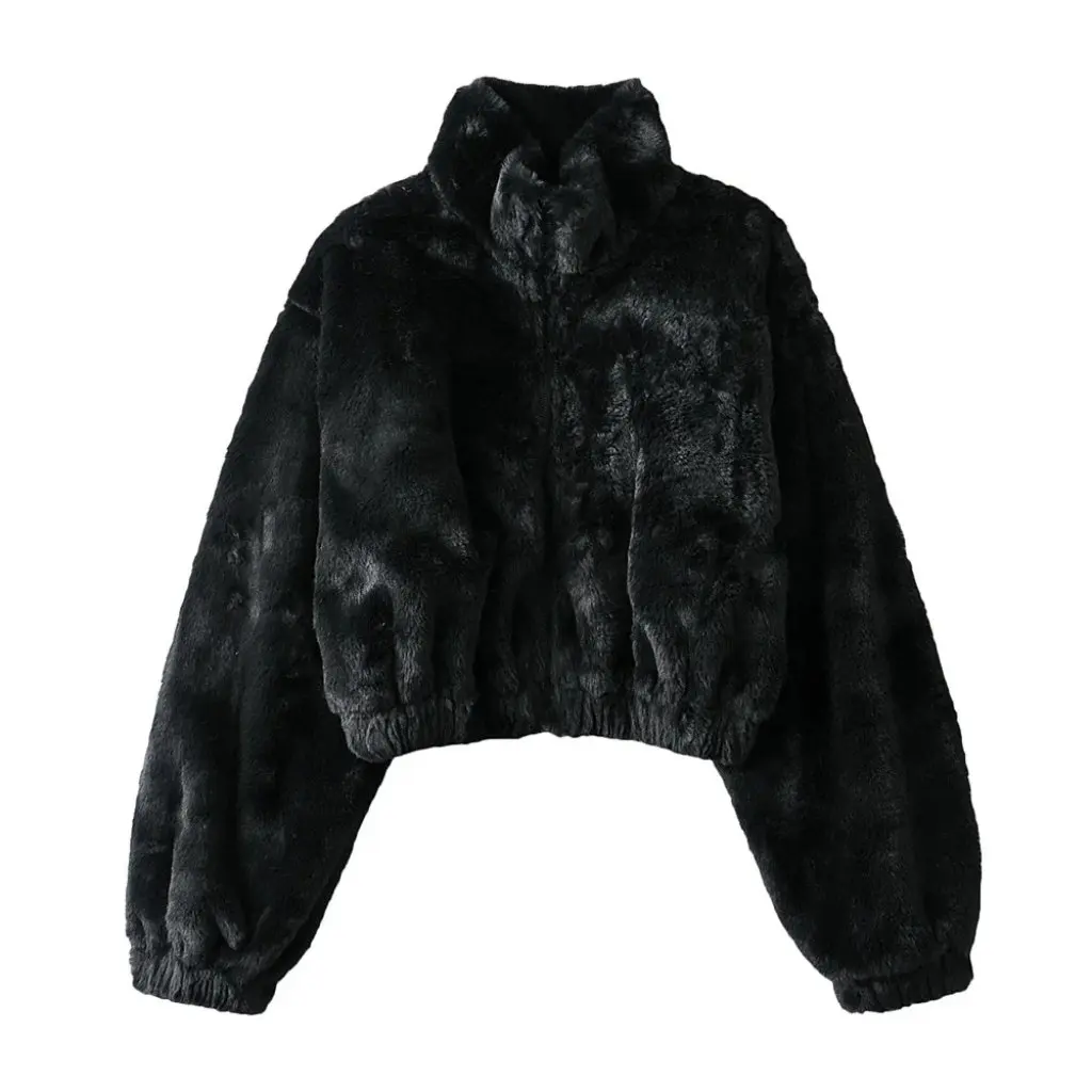 

Women's 22 MZ Faux Fur Coat Loose Fit Thickened Half-High Collar Zipper Short Jacket Warm Top for Autumn Winter