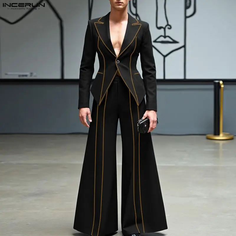 Incerun conjuntos masculinos retalhos elegante manga longa blazer & calças de perna larga duas peças define streetwear moda masculina ternos casuais