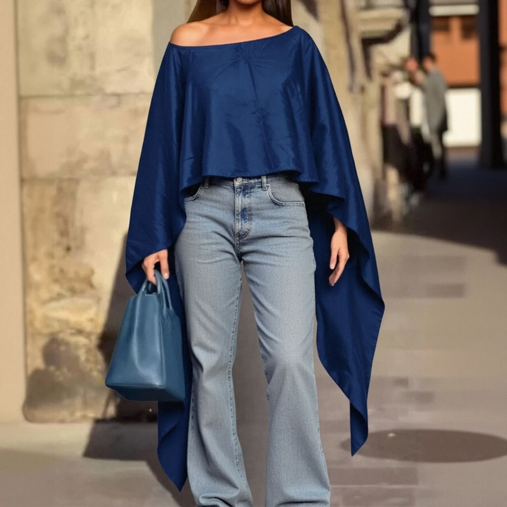 Blusa feminina outono high street chique cor sólida com mangas assimétricas gola redonda top casual para mulheres