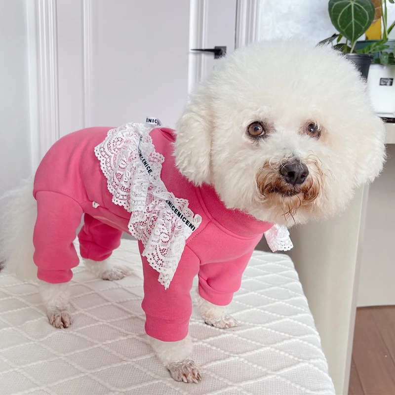 Korean Pink Cotton Plush Pet Dog Clothes Casual Hoodie Rompers Fashion Cute Lace Jumpsuits For Small Medium Dog Puppy Clothing