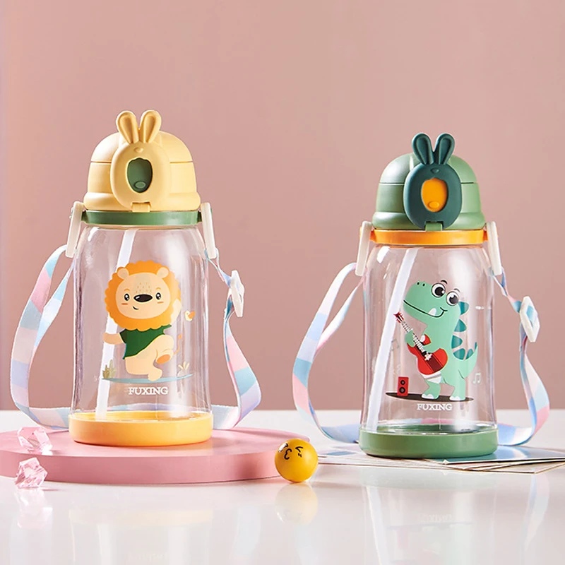 600ml Kids Water Bottle With Straw Plastic Sippy Cup Cartoon Leakproof Tumbler Portable Drinking Bottle Children\'s Cup Drinkware