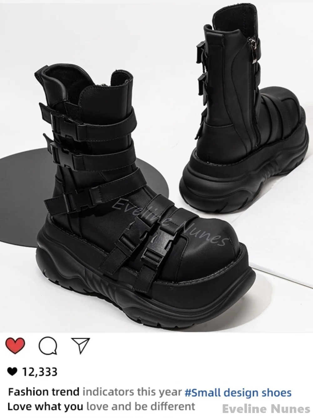 

Platform Buckle Strap Motorcycle Boots Women Black Side Zipper Big Toe Mid Calf Boots 2025 New Punk Rock Style Hottie Work Boots