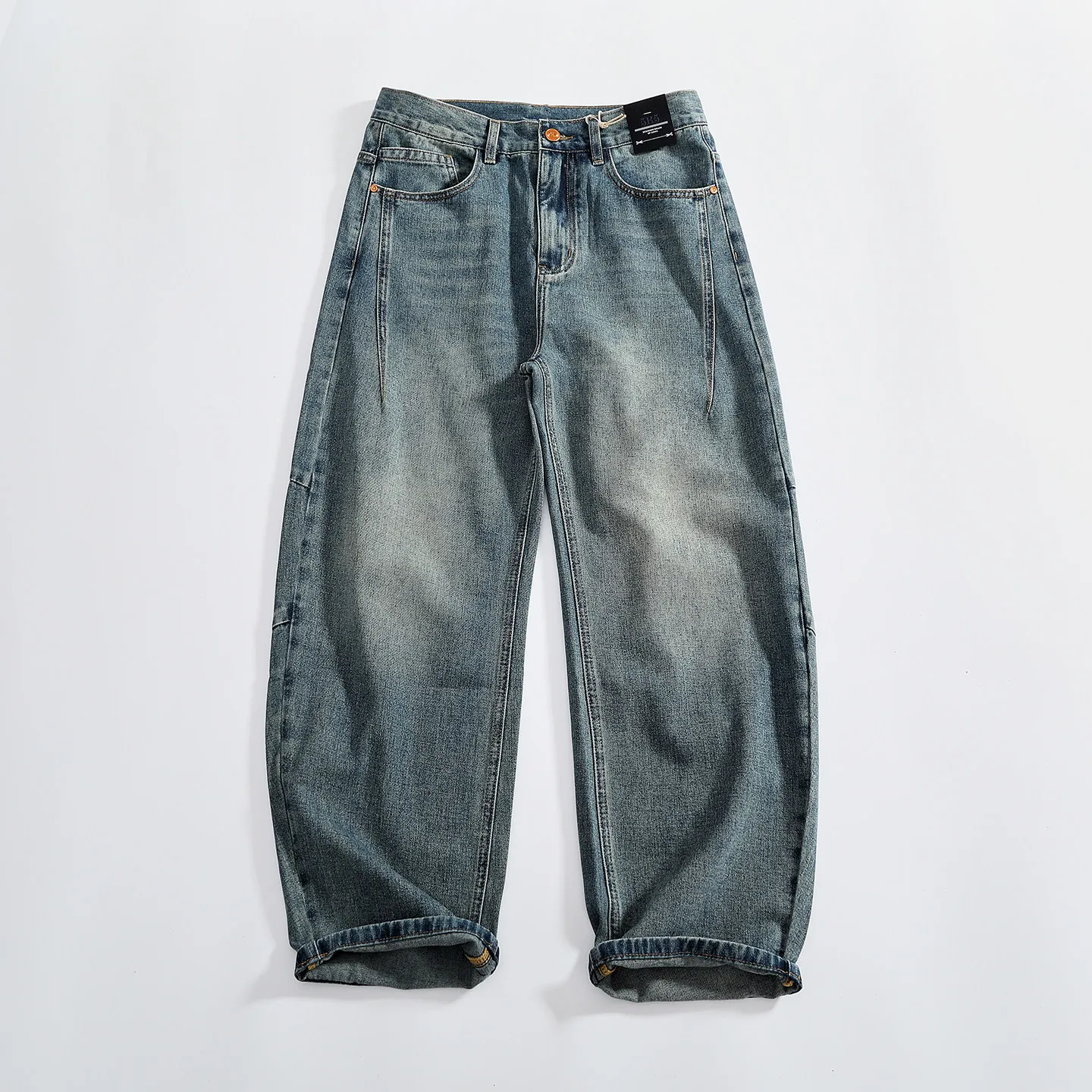 Retro distressed whiskering jeans for men, three-dimensional split silhouette wide-leg loose denim trousers