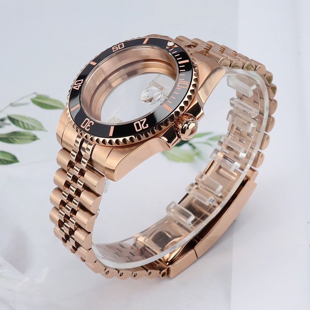 ตัวเรือนนาฬิกา PVD สีโรสโกลด์ ขนาด 40 มม. รุ่น NH35 ขอบเซรามิก กระจกแซฟไฟร์ สำหรับนาฬิกา SUB Seiko NH35 NH34 NH36/38 Miyota8215 ETA2824 พร้อมสาย Jubilee