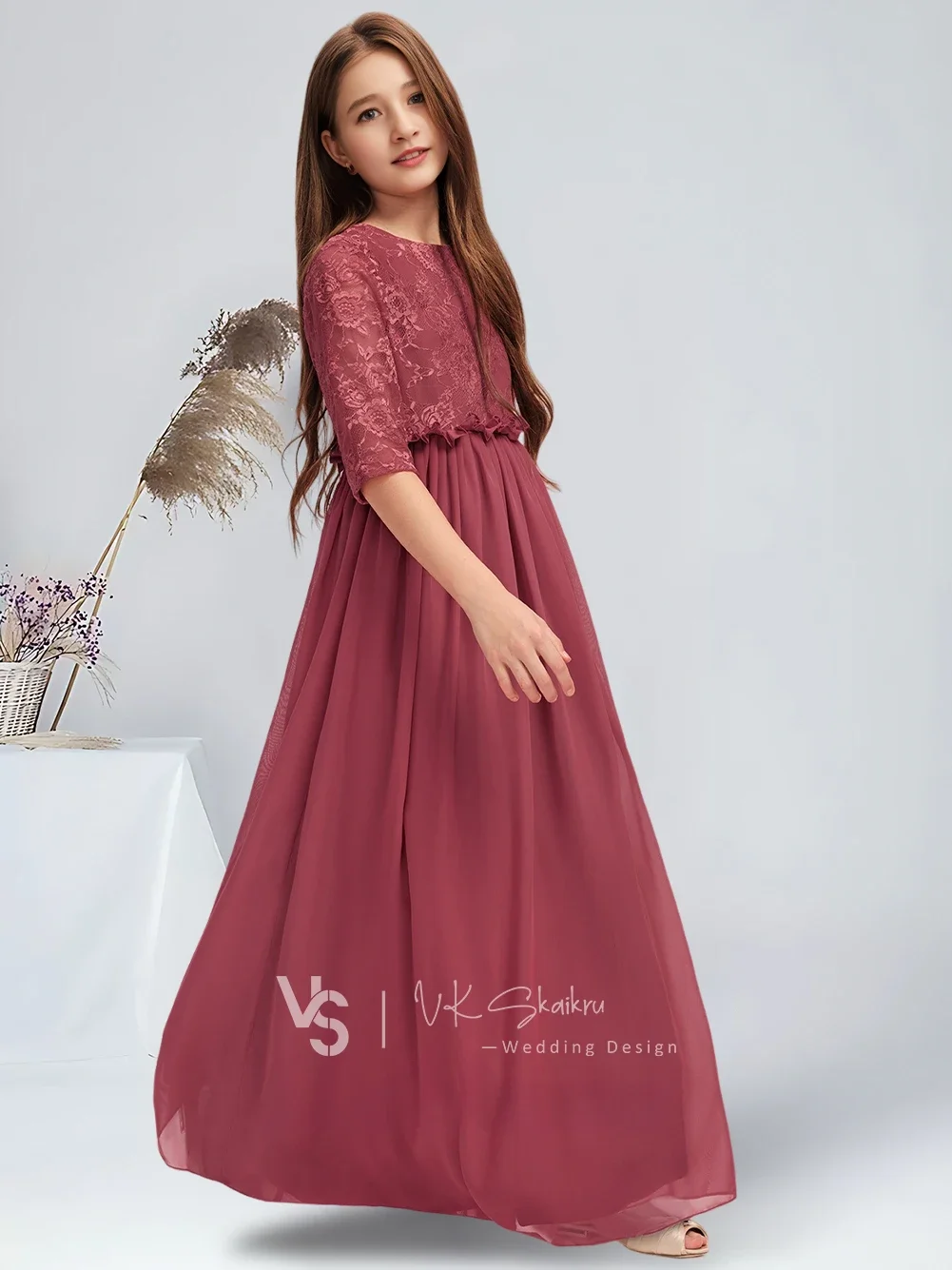 فستان وصيفة العروس من الشيفون بطول الأرض على شكل حرف a مع فستان فتاة الزهور على شكل زهرة القرفة المطوي للمراهقين في حفلات الزفاف #1