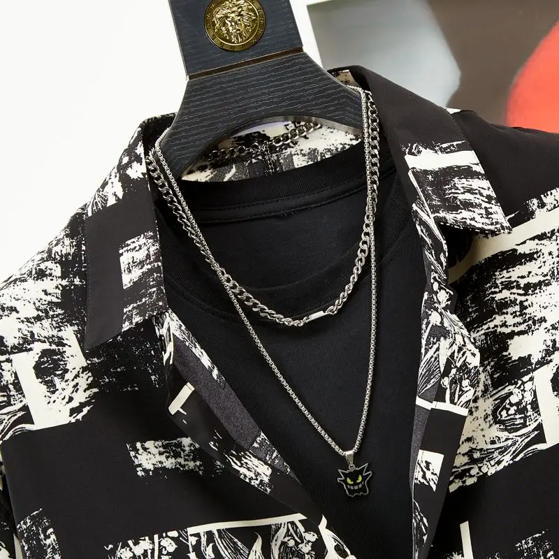 Men Clothing Korean Fashion Print High Street Button Up Shirt Spring Autumn Handsome Casual Lapel Long Sleeve Loose Tops Camisas