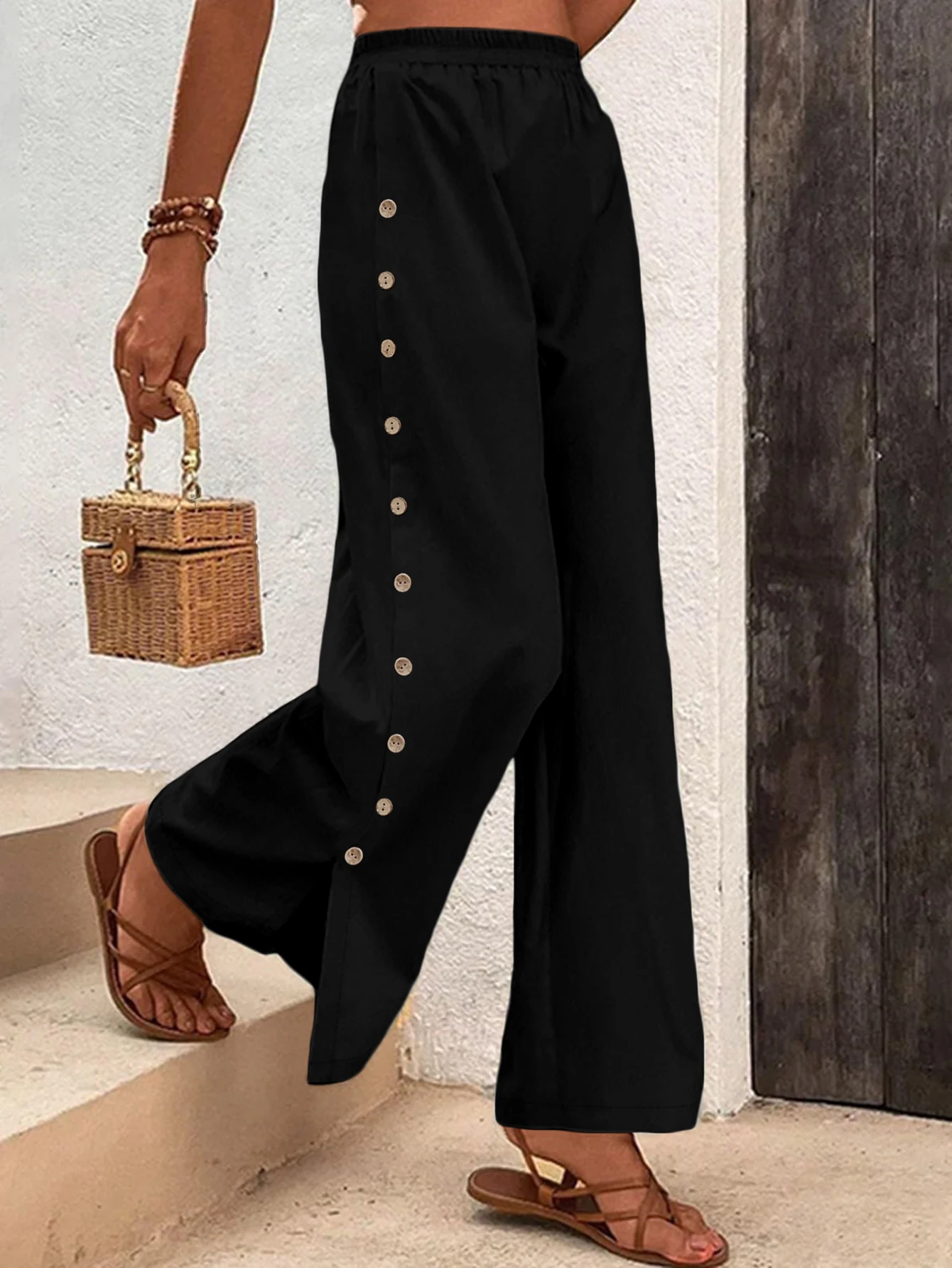 Women Fashion Elastic Waist Wide Leg Pants Button Decor Casual Solid Color Loose Female Elegant Trousers