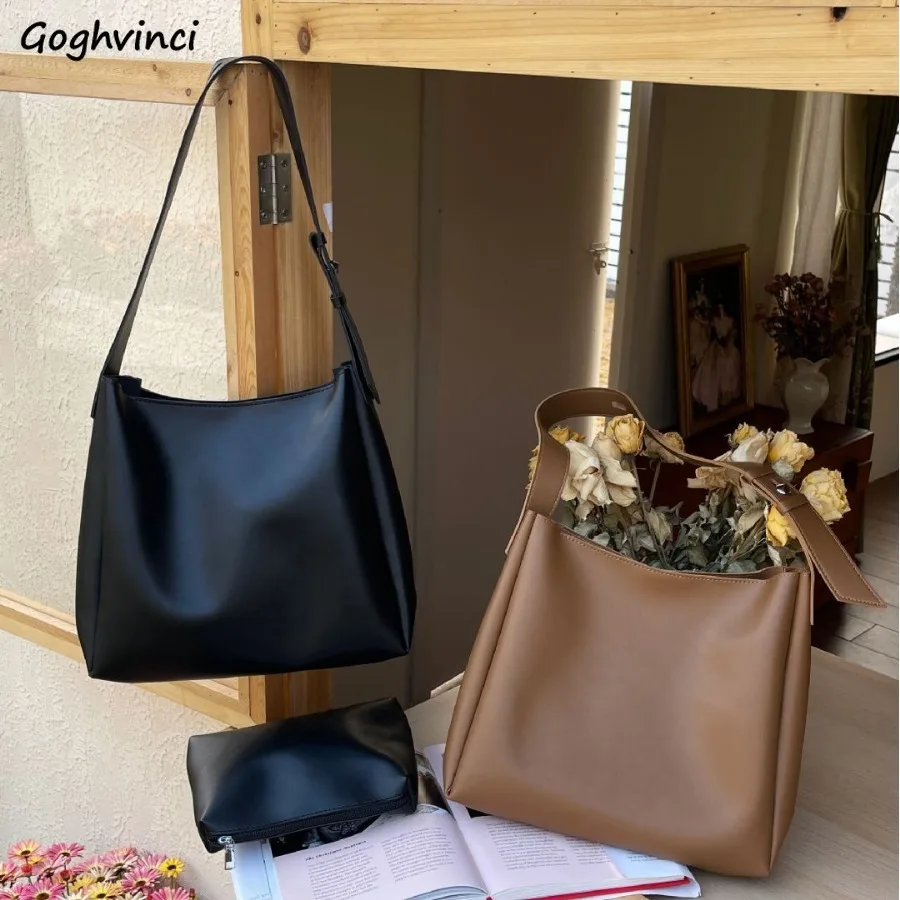 Leather Shoulder Bags Women 2pcs Solid Korean Fashion Handbags Office Lady Large Capacity Outdoor Portable Tote Bag Purse Bolsos