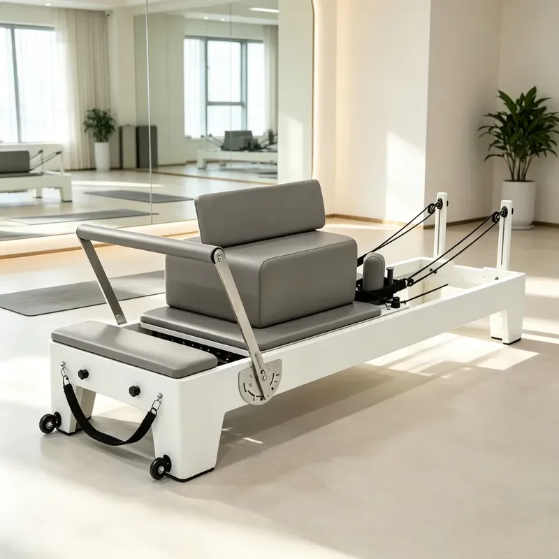 Pilates Reformer Bed Lacquered Oak Wood Adjustable Multifunction Yoga Training for Studio Home Use