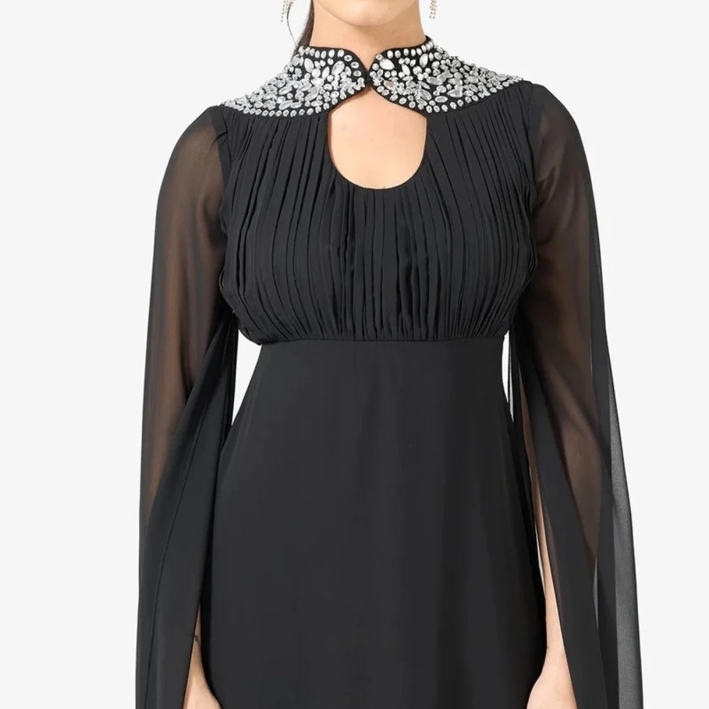 Modest Evening Dress Keyhole Neckline All-Over Crystal Rhinestone Embellished Collar Attached Sheer Chiffon Cape Sleeves