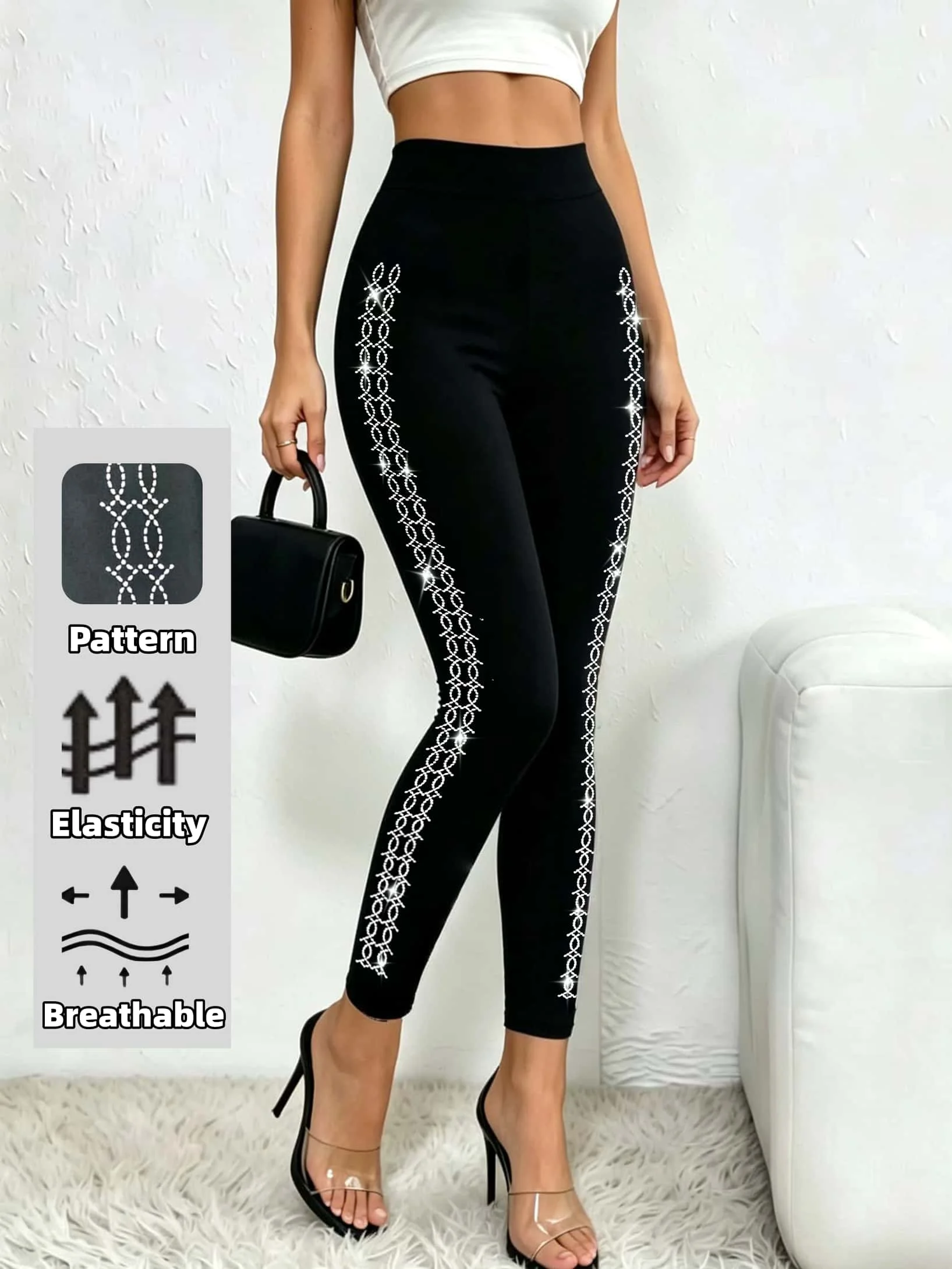 Women's Black Rhinestone Leggings High Waist Stretch Slim Fit Fashion Versatile Casual Outdoor Streetwear