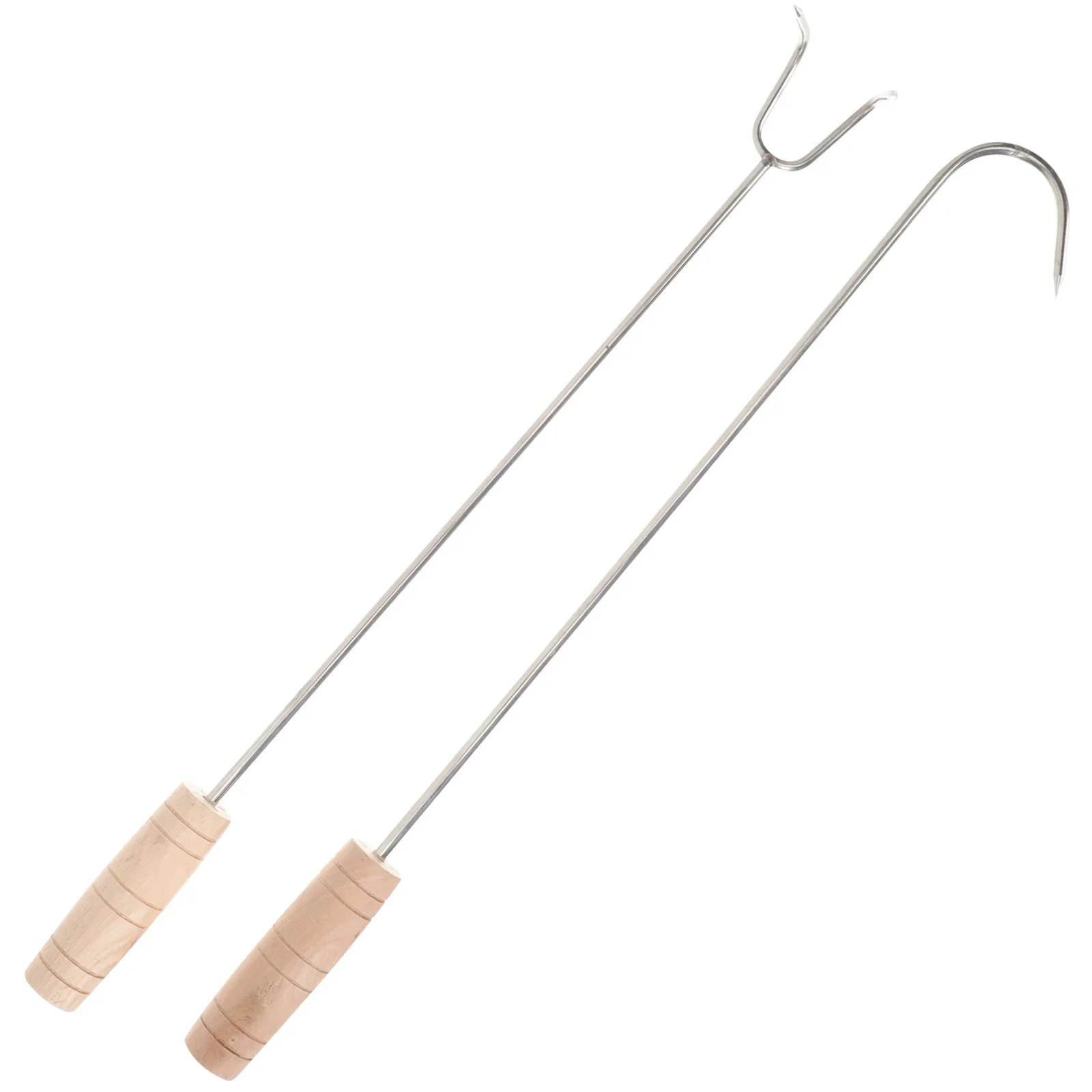 2Pcs Multi-Function Barbecue Hook Stainless Steel Prongs Wood Handle Sturdy Meat Hook for Roasting Chicken Wings Hot Dogs Pork