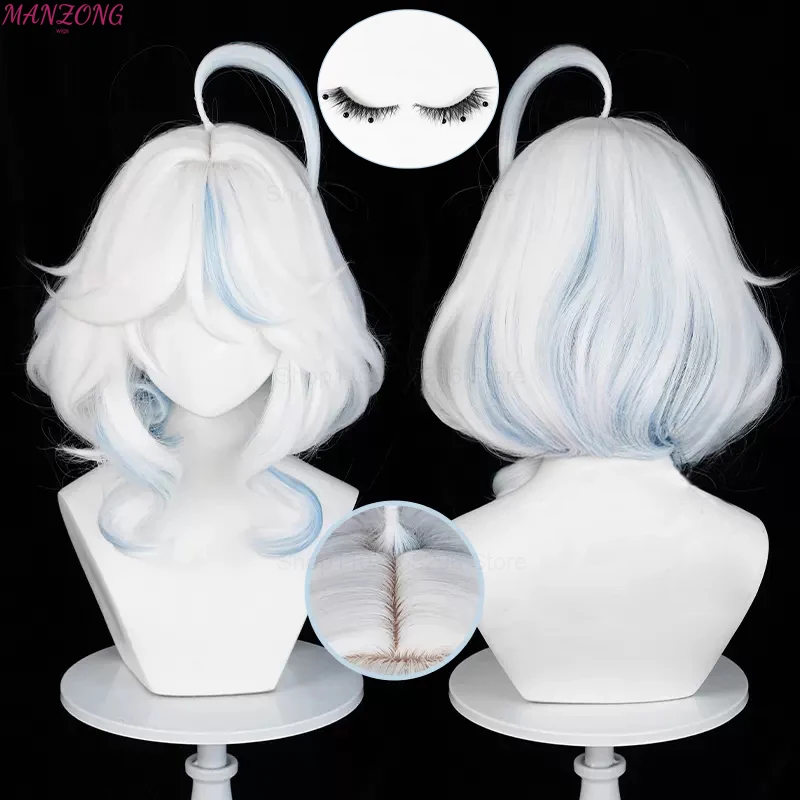 Furina Short Wig Focalors Cosplay Wig Short Silver White Blue Wig Cosplay Anime Cosplay Wigs Heat Resistant Synthetic  + Wig Cap