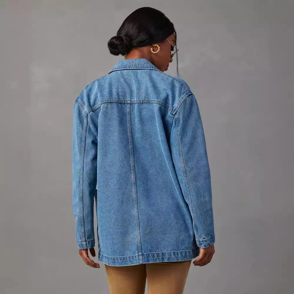 Jaket Denim dicuci Eropa dan Amerika baru jaket wanita Solid longgar Retro mode mantel jalan tinggi musim semi dan musim gugur