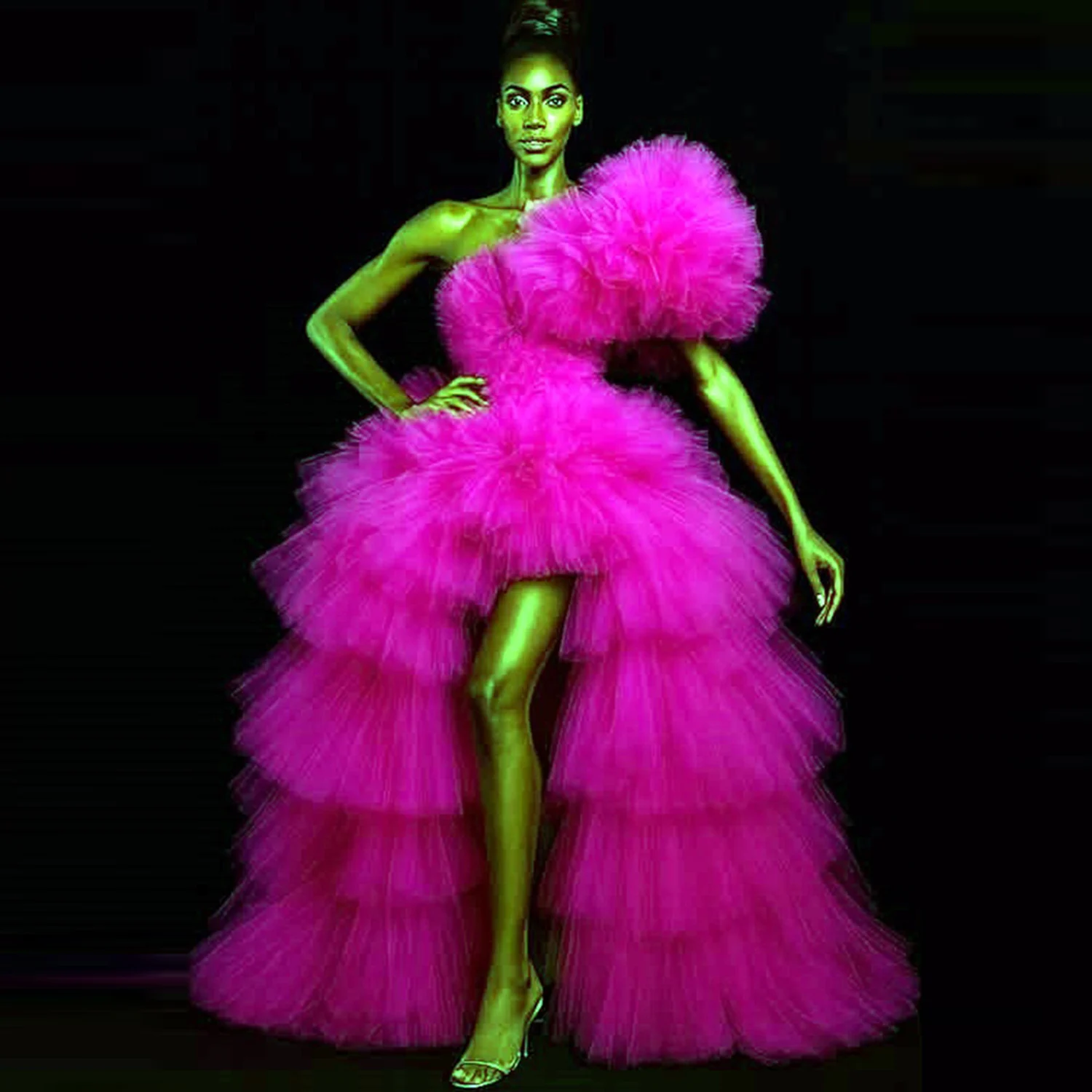 Charming Fuchsia One Shoulder Puffy Tulle Prom Dress Ruffles Tiered High Low Evening Gowns Girls Birthday Party Formal Wear