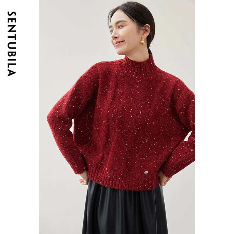 SENTUBILA Loose Fit Red Knitted Pullovers for Women Winter 2024 Wool Crew Collar Long Sleeve Short Women Sweater W44E5688